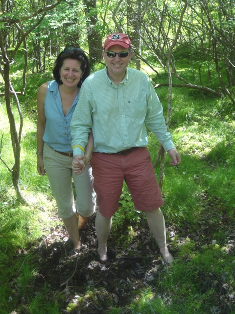 Shelby and Jarvis Cromwell happily exiting the kettle hole bog barefoot on the Neversink Association June 2015 tour. Photo taken by Pat Wellington